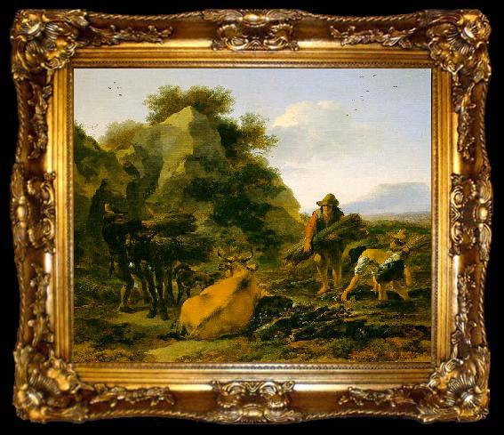 framed  Nicholaes Berchem Landscape with Herdsmen Gathering Sticks, ta009-2